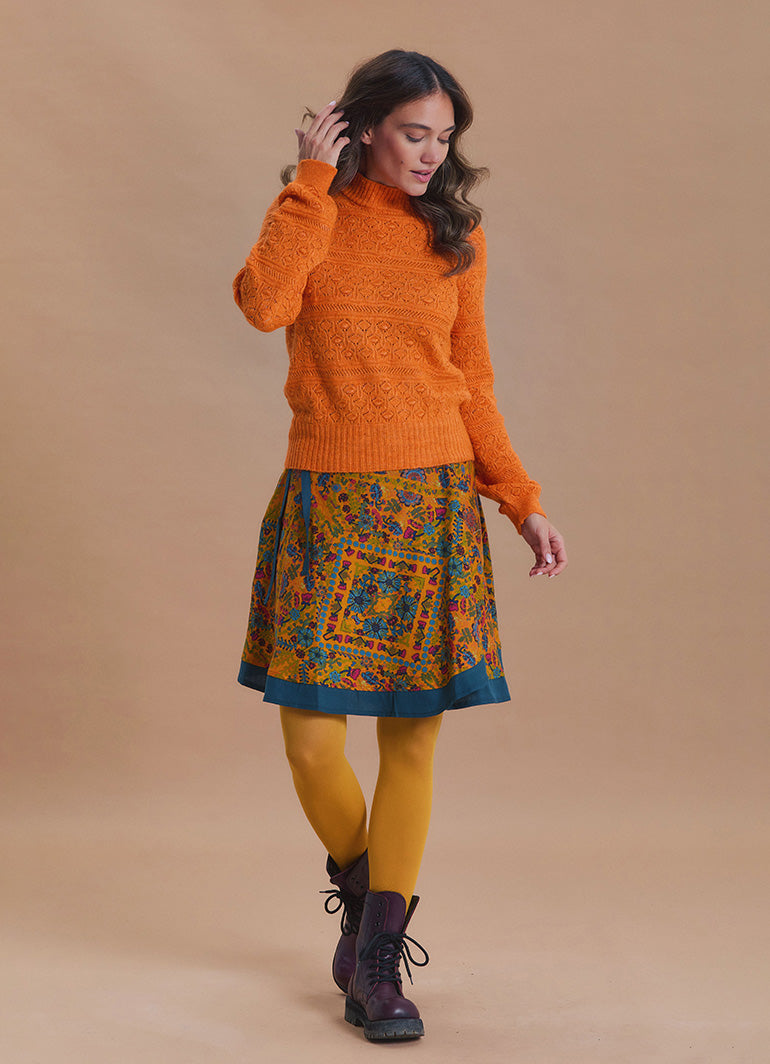 High Neck Openwork Knit Orange Womens Sweater
