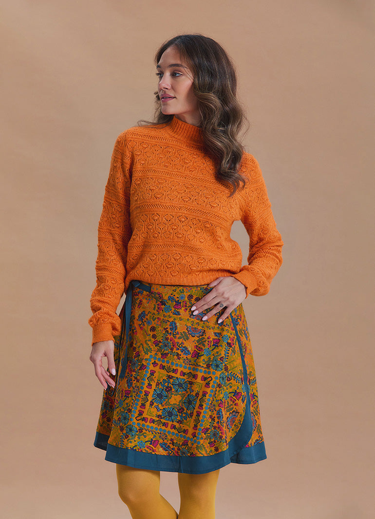 Mustard Ethnic Print Short Wrap Skirt