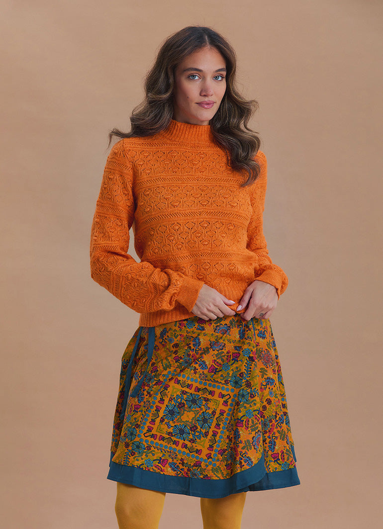 Mustard Ethnic Print Short Wrap Skirt