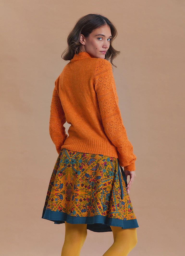 High Neck Openwork Knit Orange Womens Sweater