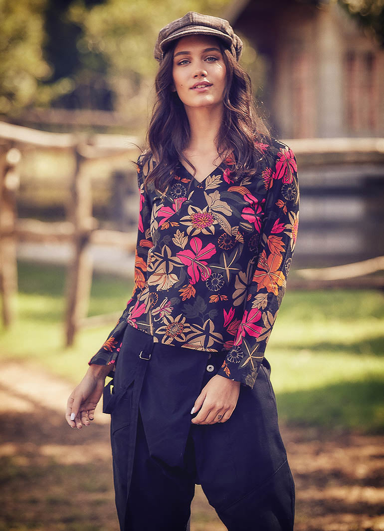 Floral Print V Neckline Long Sleeve Blouse Top