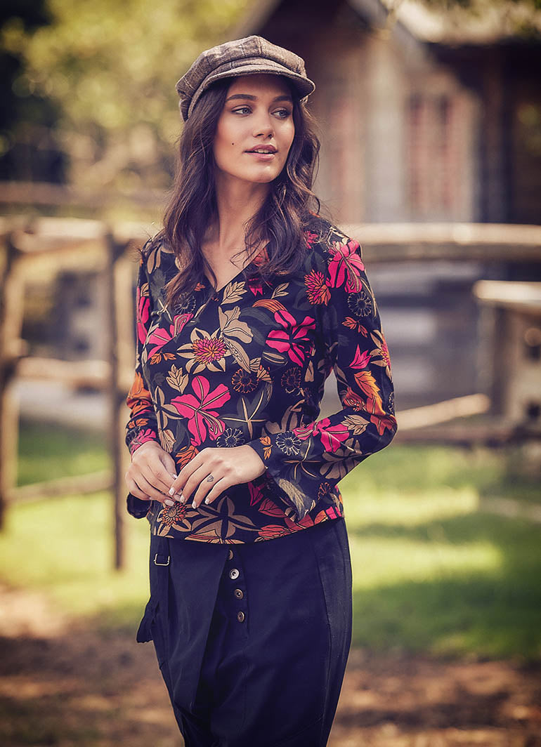 Floral Print V Neckline Long Sleeve Blouse Top