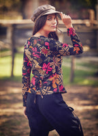 Floral Print V Neckline Long Sleeve Blouse Top