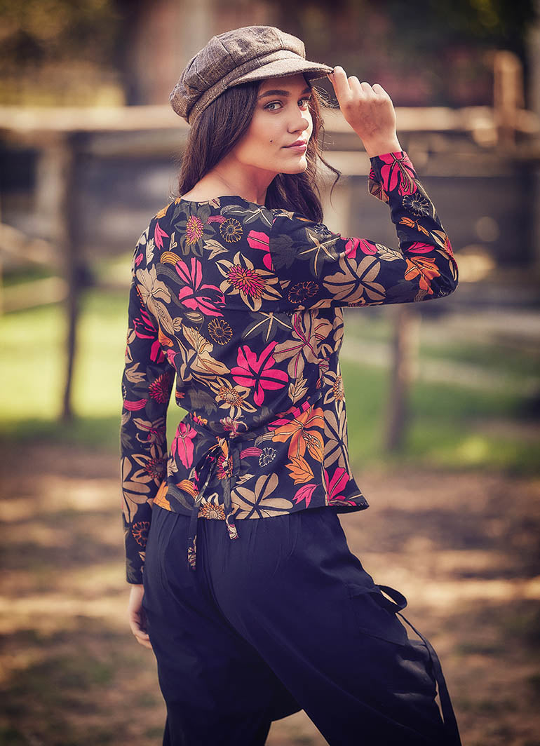 Floral Print V Neckline Long Sleeve Blouse Top