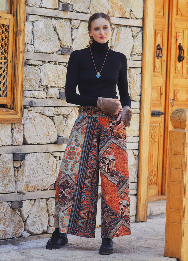 Printed Tie Waist Wide Leg Cotton Pants