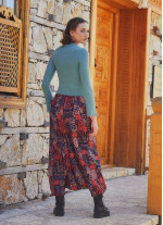 Red Print Adjustable Hem Wraped Harem Pants