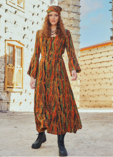 Spanish Sleeve Printed Orange Maxi Dress