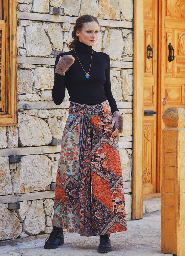 Printed Tie Waist Wide Leg Cotton Pants