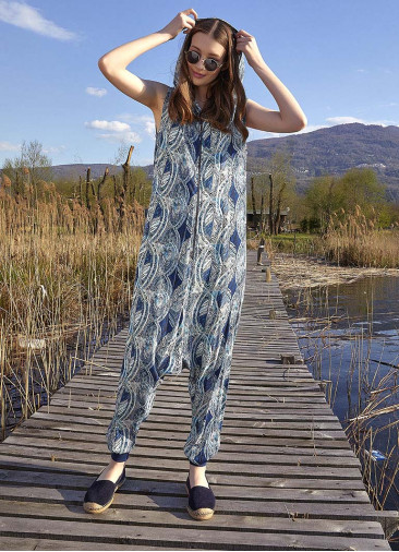 Boho Style Hooded Blue Patterned Harem Jumpsuit