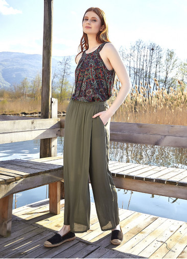 Wrap Front Detail Elastic Waist Flowy Khaki Pants