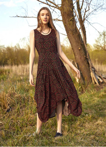 Red Patterned Sleeveless Paisley Tie Waist Dress