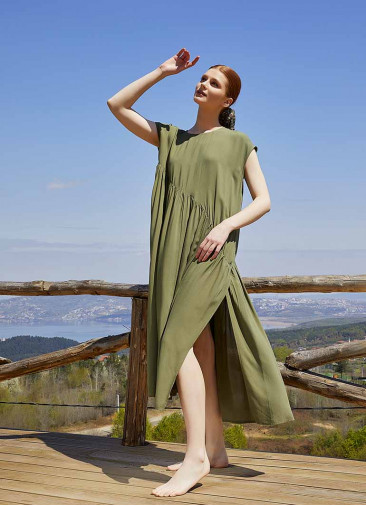 Boho Style Flared Long Slit Khaki Dress