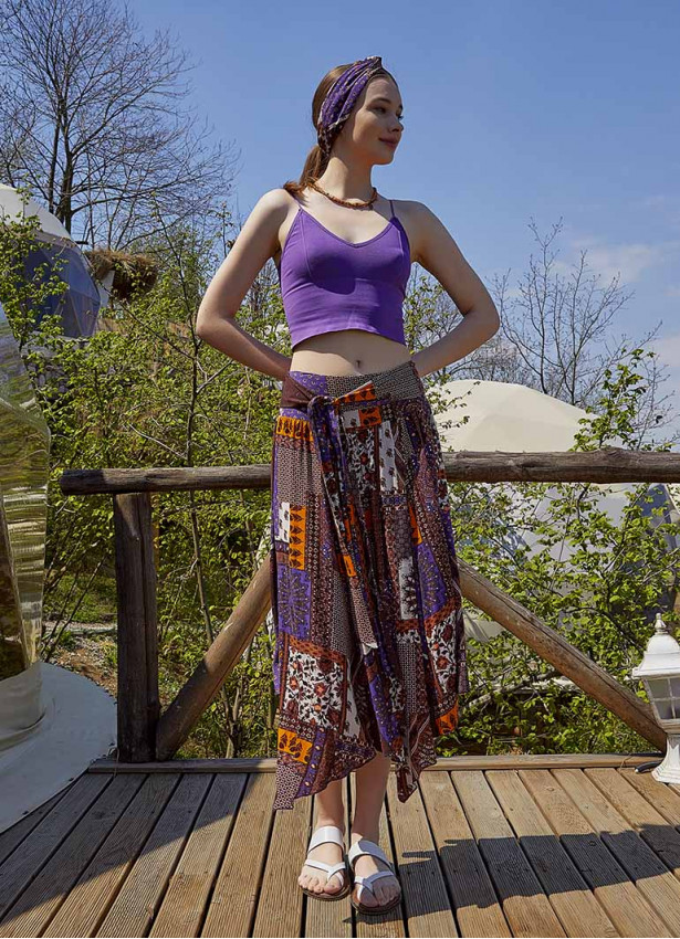 Purple Patterned Tie Waist Loose Midi Flared Skirt