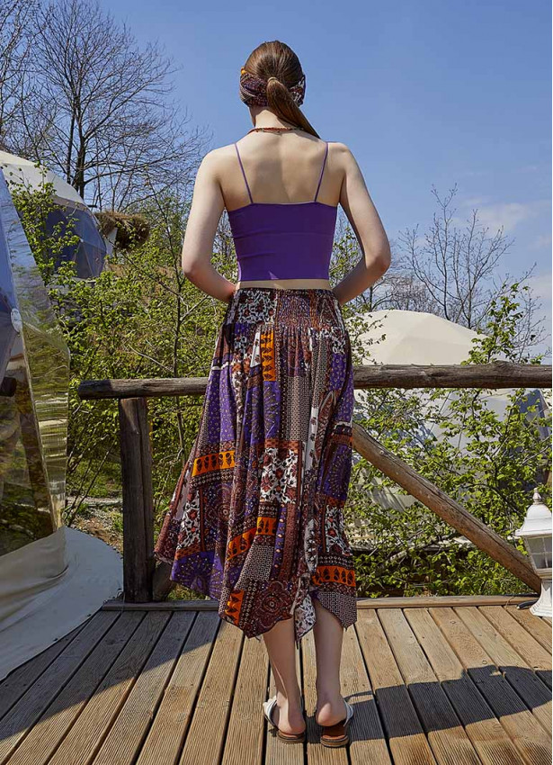 Purple Patterned Tie Waist Loose Midi Flared Skirt