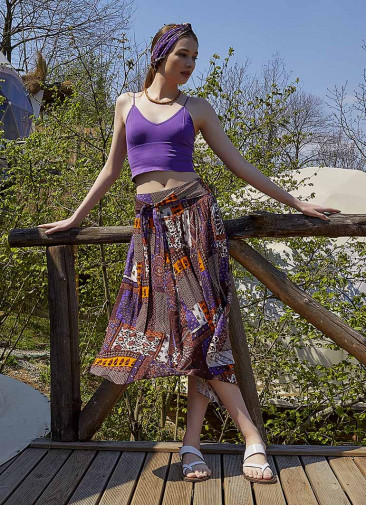 Purple Patterned Tie Waist Loose Midi Flared Skirt