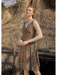 Double Breasted Neck Line Shirred Waist Bohemian Green Pattern Sundress