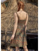 Double Breasted Neck Line Shirred Waist Bohemian Green Pattern Sundress