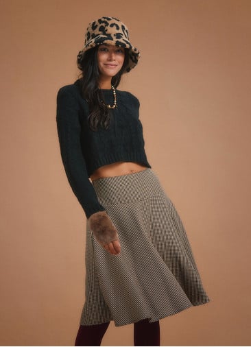 Flared Beige Houndstooth Skirt