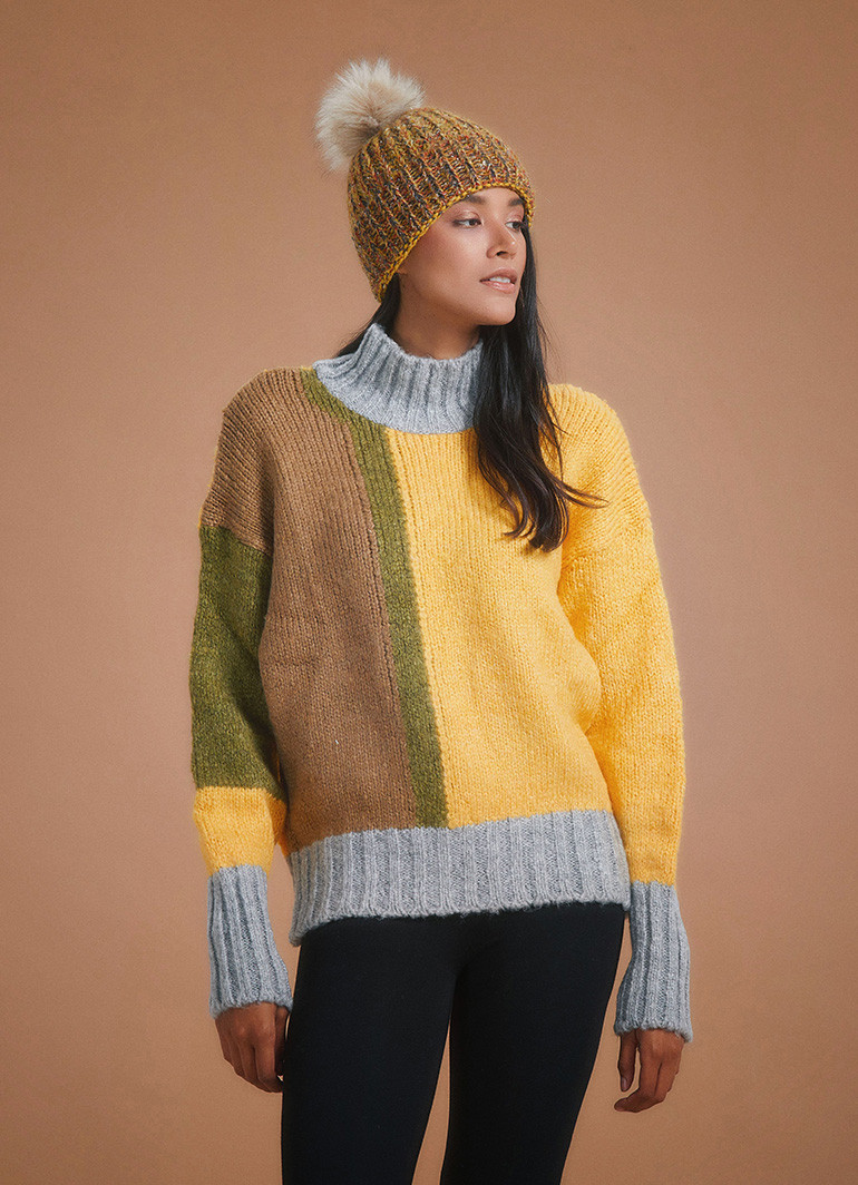 Turtle Neck Oversize Color Block Knit Sweater | Wholesale Boho