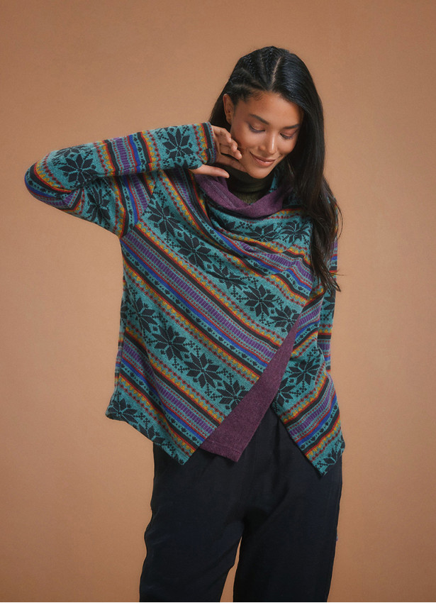 Boho Style Thumbhole Blue Rug Patterned Cardigan