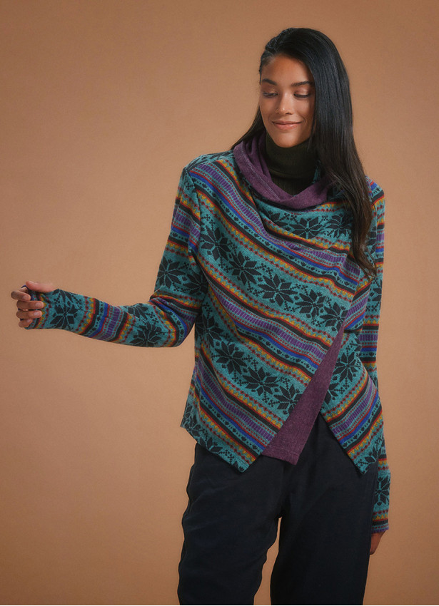 Boho Style Thumbhole Blue Rug Patterned Cardigan