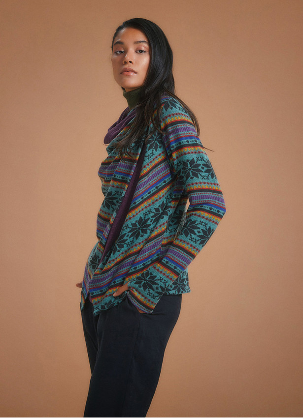 Boho Style Thumbhole Blue Rug Patterned Cardigan