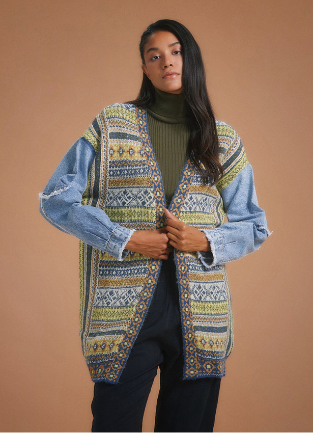 Denim Sleeve Detail Ethnic Print Oversize Cardigan