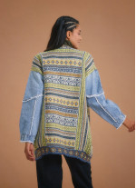 Denim Sleeve Detail Ethnic Print Oversize Cardigan