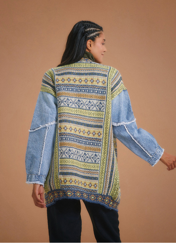 Denim Sleeve Detail Ethnic Print Oversize Cardigan