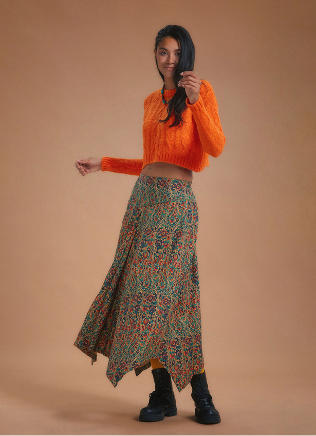 Ethnic Printed Asymmetrical Hem Flared Midi Skirt