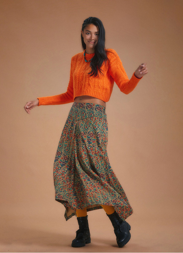 Ethnic Printed Asymmetrical Hem Flared Midi Skirt