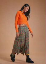 Ethnic Printed Asymmetrical Hem Flared Midi Skirt