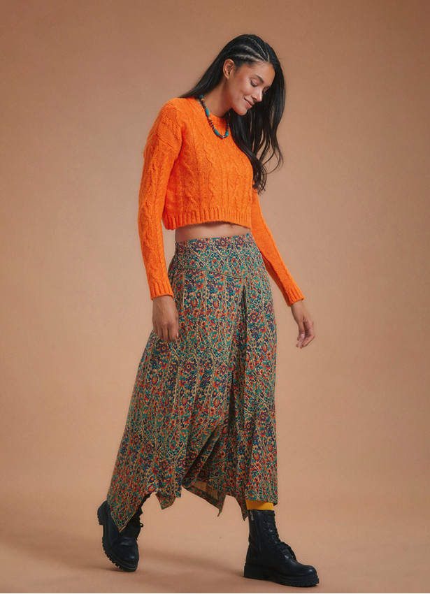 Ethnic Printed Asymmetrical Hem Flared Midi Skirt