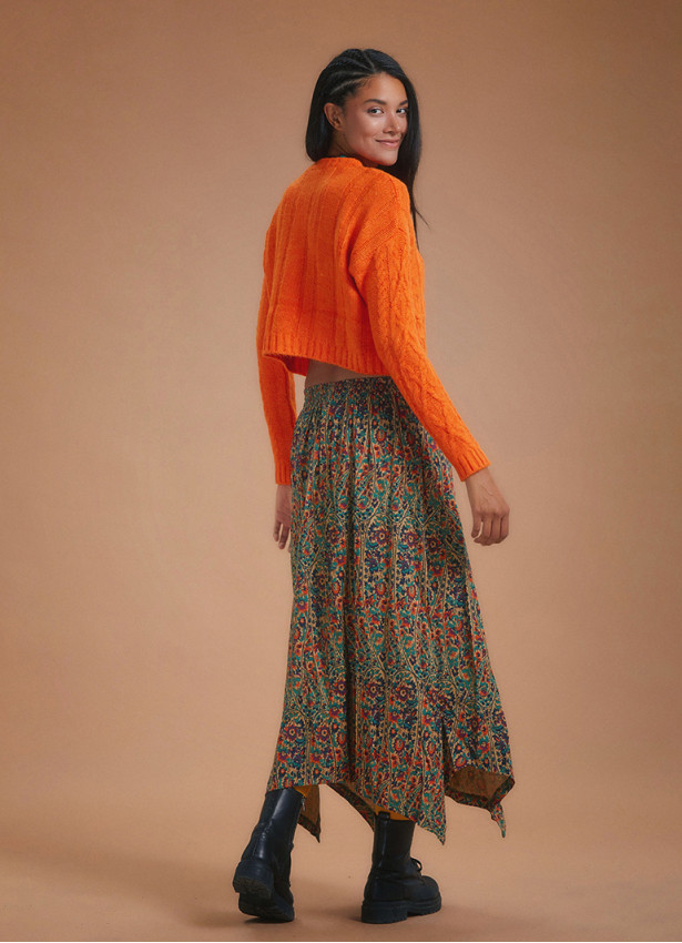 Ethnic Printed Asymmetrical Hem Flared Midi Skirt