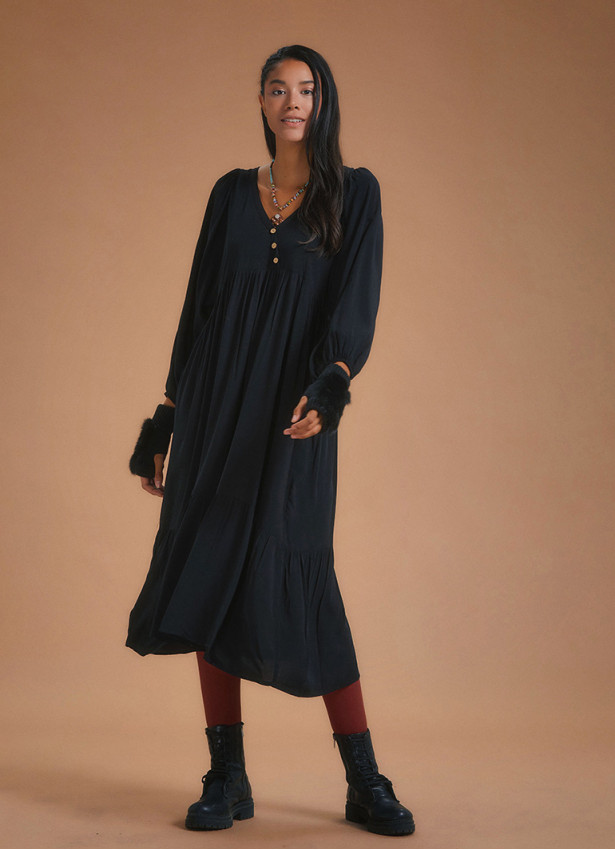 Long Puff Sleeve Black Long Tiered Dress