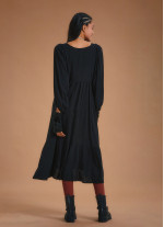 Long Puff Sleeve Black Long Tiered Dress