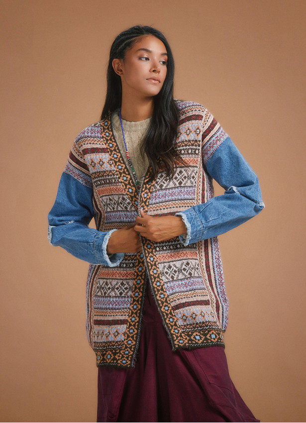 Denim Sleeve Detail Ethnic Print Long Cardigan