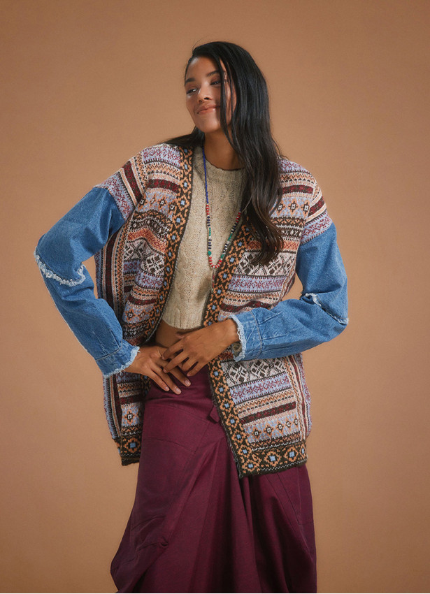 Denim Sleeve Detail Ethnic Print Long Cardigan