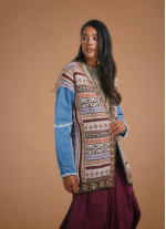 Denim Sleeve Detail Ethnic Print Long Cardigan