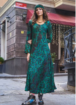 Long Sleeve Winter Green Patterned Patch Dress