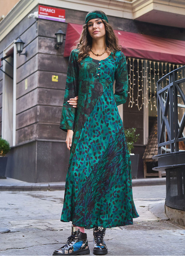 Long Sleeve Winter Green Patterned Patch Dress