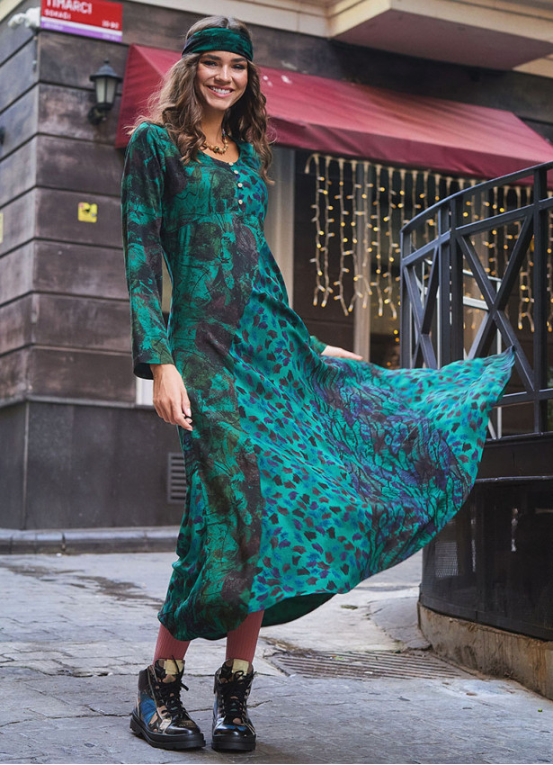 Long Sleeve Winter Green Patterned Patch Dress