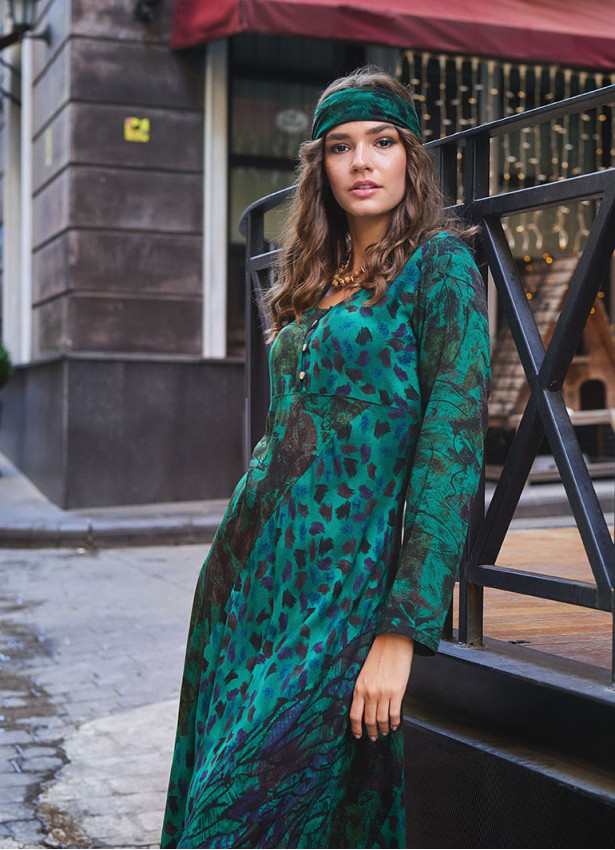 Long Sleeve Winter Green Patterned Patch Dress