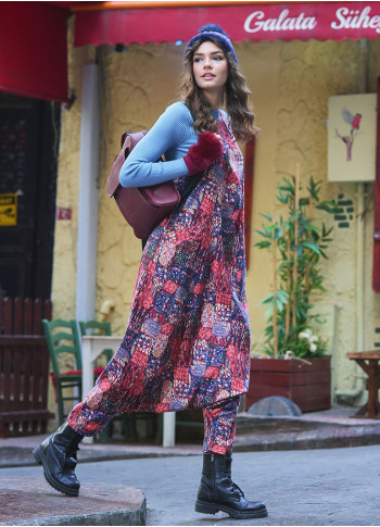 Halter Neck Red Printed Cotton Jumpsuit