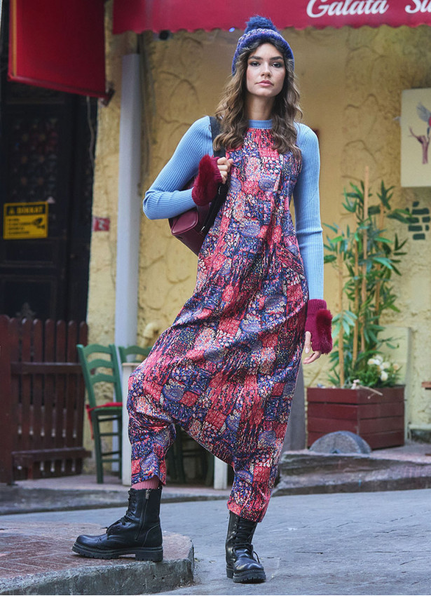 Halter Neck Red Printed Cotton Jumpsuit