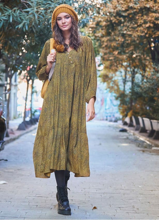 Long Puff Sleeve Patterned Long Tiered Dress