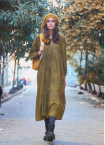 Long Puff Sleeve Patterned Long Tiered Dress