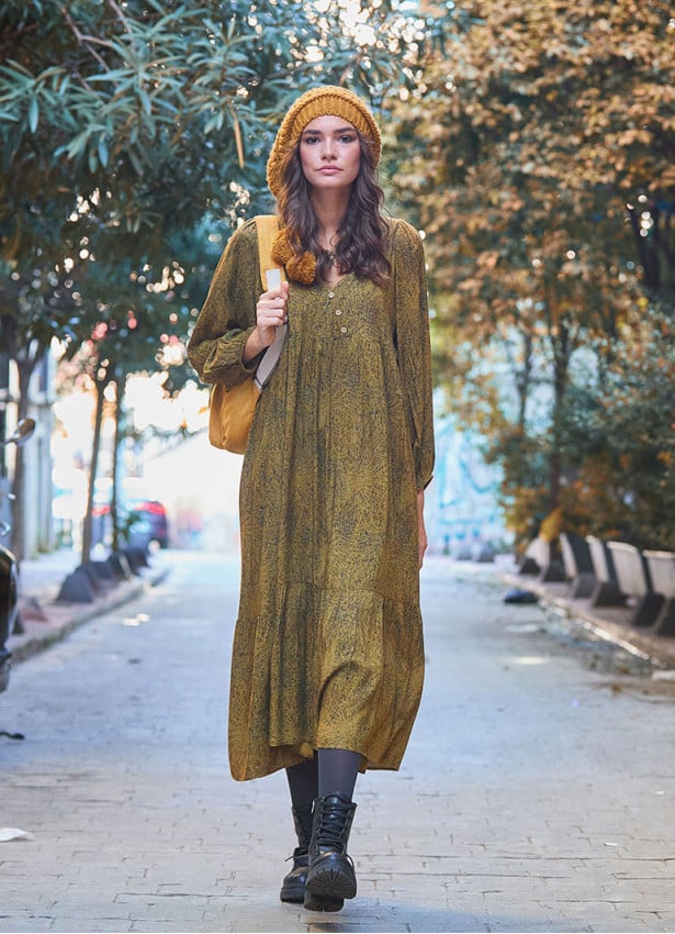 Long Puff Sleeve Patterned Long Tiered Dress