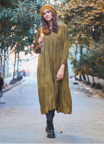 Long Puff Sleeve Patterned Long Tiered Dress