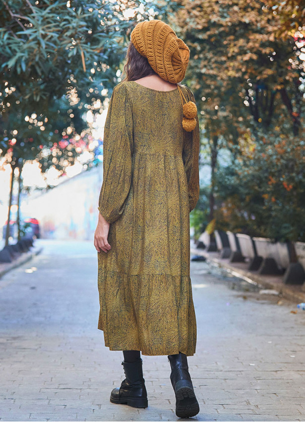 Long Puff Sleeve Patterned Long Tiered Dress